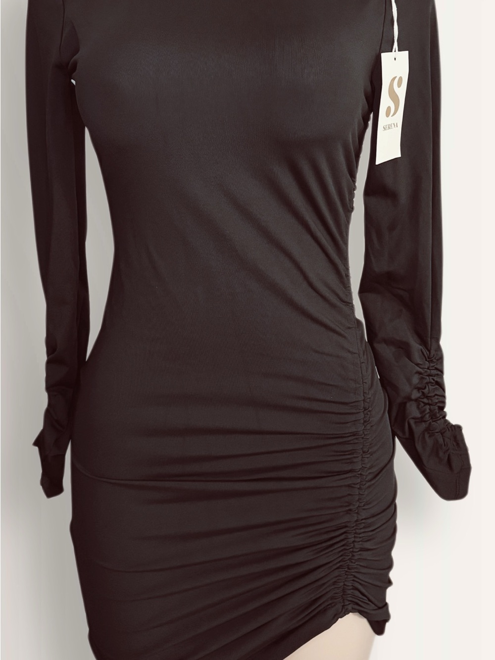 S by Serena Black Ruched Long-Sleeve Mini Dress